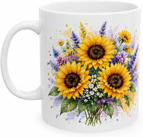Sunflower Bouquet Coffee Mug, White Glossy Ceramic, 11oz, Wildflower Watercolour Design, Gift for Nature Lovers