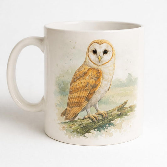Barn Owl Ceramic Mug – White 11oz Watercolour Owl Mug with Double-Sided Print